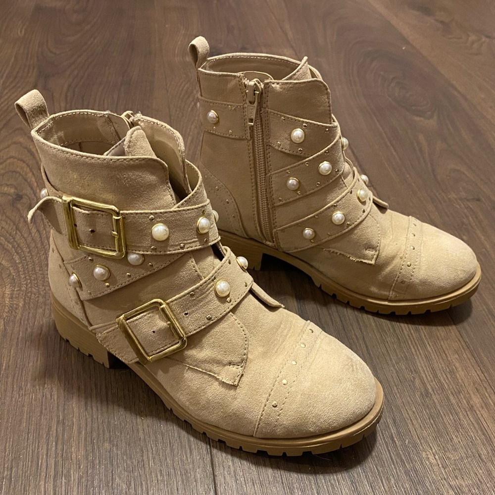 Tan suede boots with pearls and gold accents